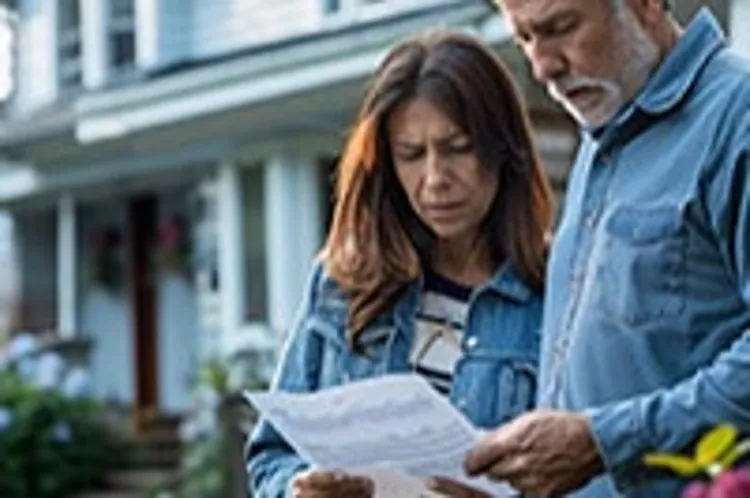 a worried couple looking at a document in front of their house