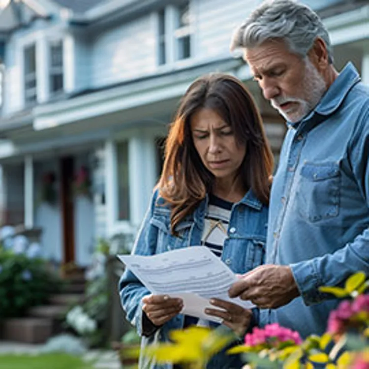 a worried couple looking at a document in front of their house