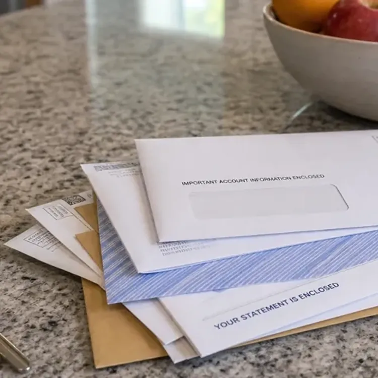 Stack of mail on a granite kitchen counter next to a bowl of fruit