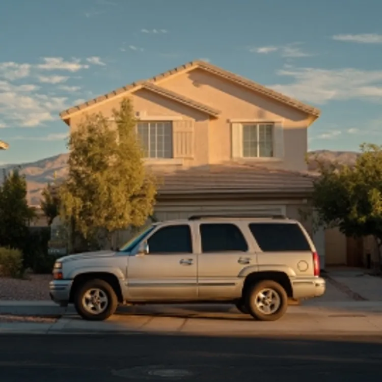 an SUV parked in front of a house