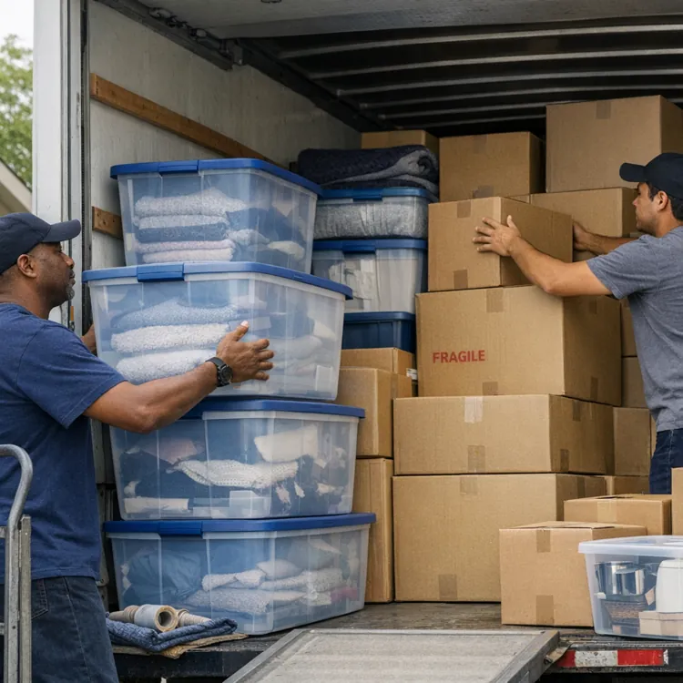 Two men loading cardboard boxes and plastic bins into a moving truck, preparing for relocation.