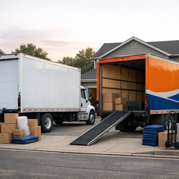 Two moving trucks with ramps and boxes in a suburban driveway
