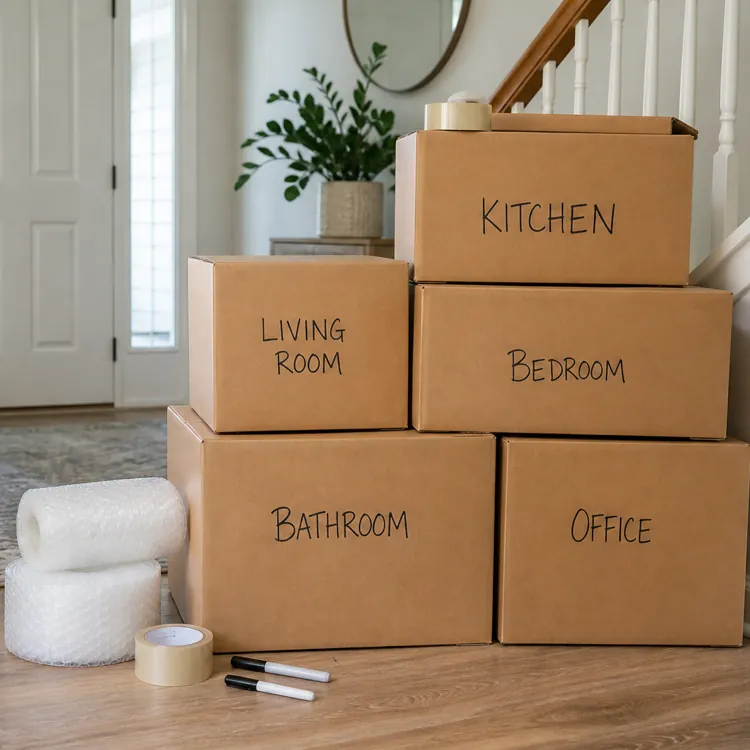 Stack of labeled moving boxes, bubble wrap, tape, and markers in a home entryway near stairs