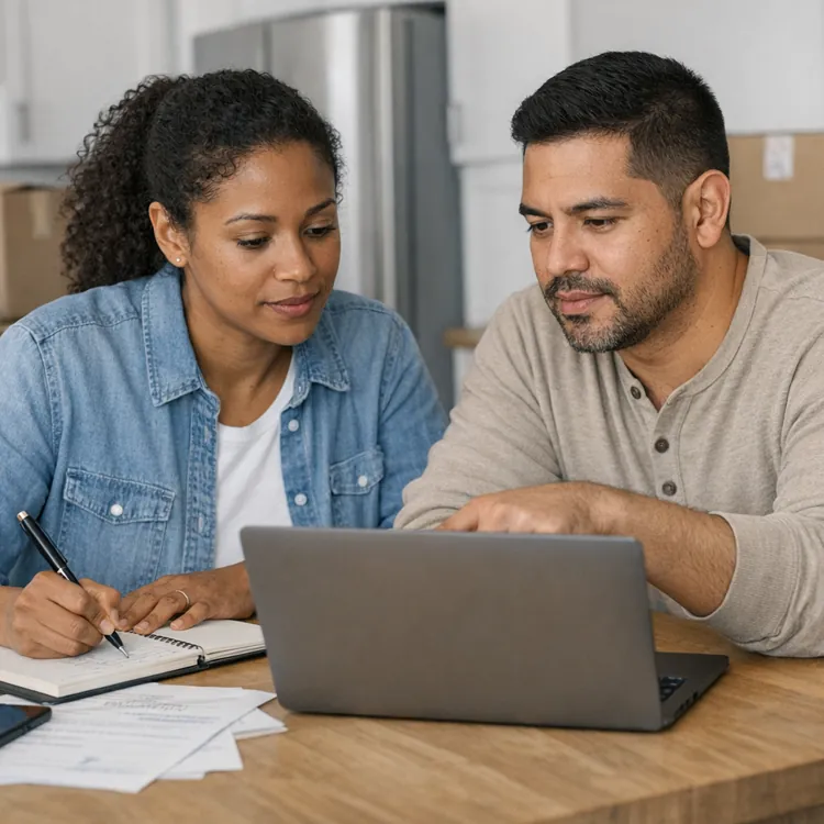 A couple sitting at a table with a laptop and notepad, surrounded by moving boxes in a home setting.