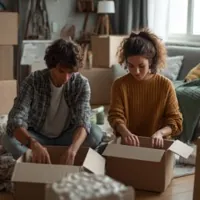a couple packing items into boxes