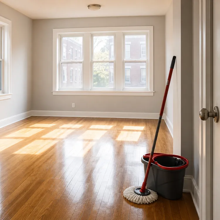 sunlit empty room with hardwood floors and a mop and bucket in the corner
