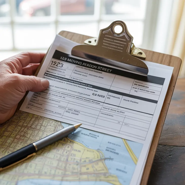 Hand holding a clipboard with a moving checklist form and a pen resting on a city map