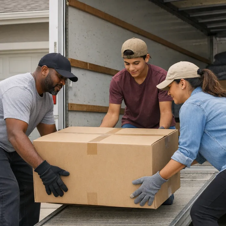 Three people unloading a large cardboard box from a moving truck, working together on a ramp.