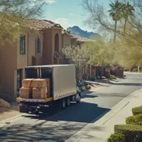 a moving truck unloading boxes on a street in Arizona
