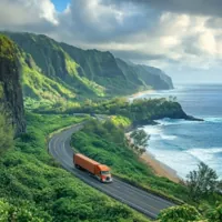 a moving truck on a highway in Hawaii