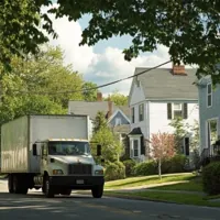a moving truck on a street in Maine