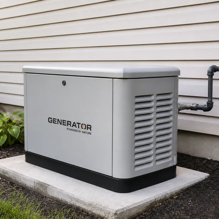A standby generator installed outside a house on a concrete pad next to siding and plants