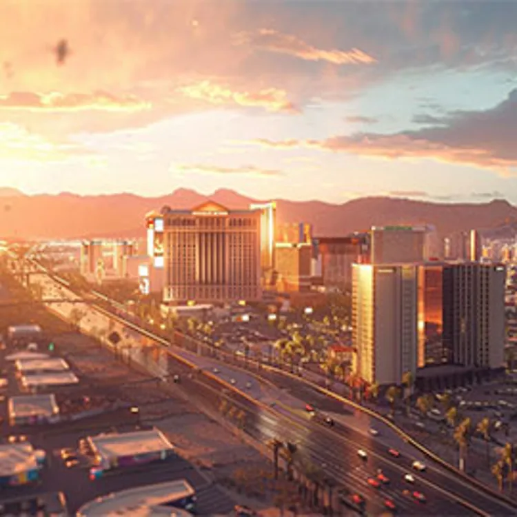 view of street in nevada with tall buildings and mountains in the background