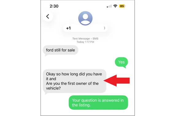 Smartphone screen showing a text conversation about a Ford car for sale