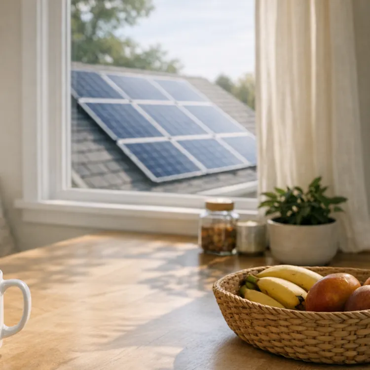 Kitchen table with coffee mug and fruit basket, solar panels visible outside window