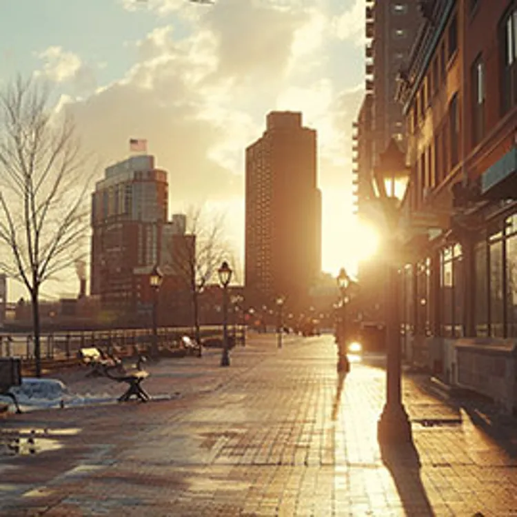 sunset view of a walkway with benches and streetlights in front of establishments