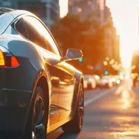 a car driving on a road toward a sunset