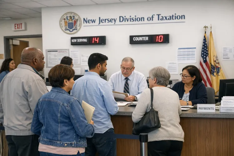 People standing in line at the New Jersey Division of Taxation office, interacting with staff behind a counter.