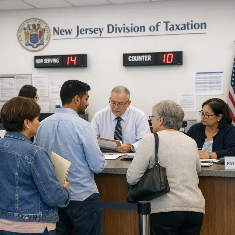 People standing in line at the New Jersey Division of Taxation office, interacting with staff behind a counter.
