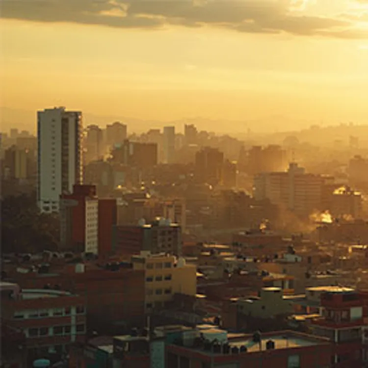 afternoon sun casting a yellow glow at city buildings