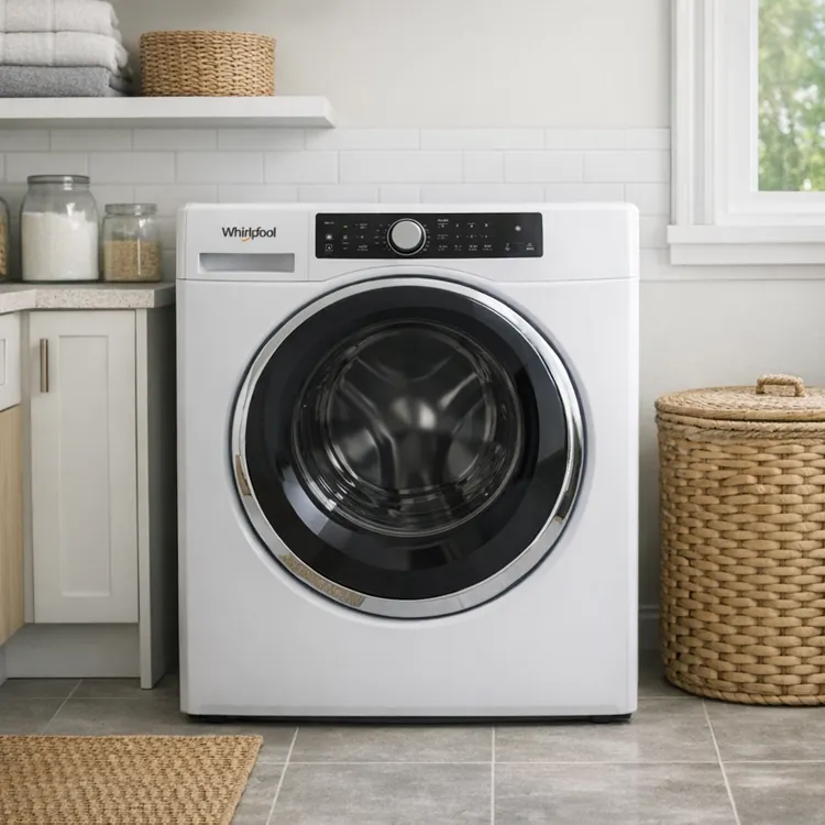 A modern laundry room with a front load washer and organized storage baskets.