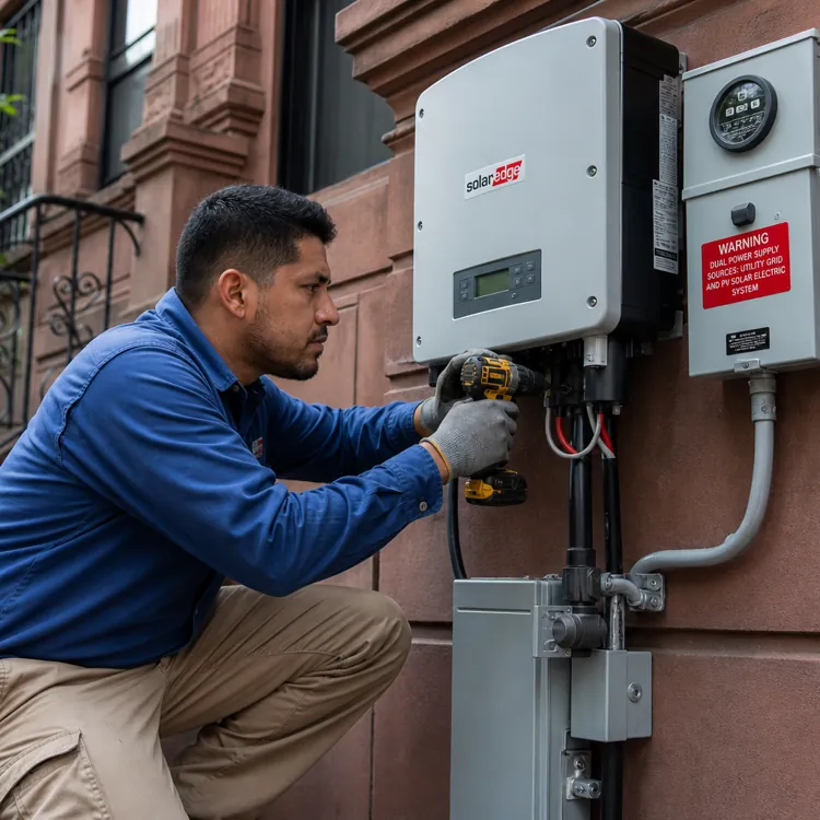 Technician installing a solar inverter on the exterior wall of a residential building