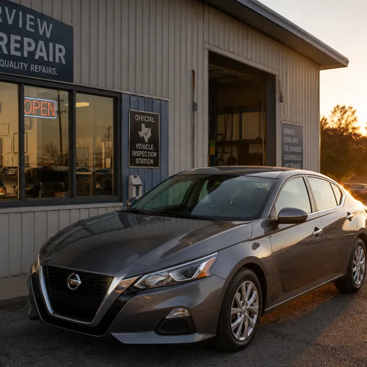 Gray sedan parked outside auto repair shop at sunset with mechanic inside