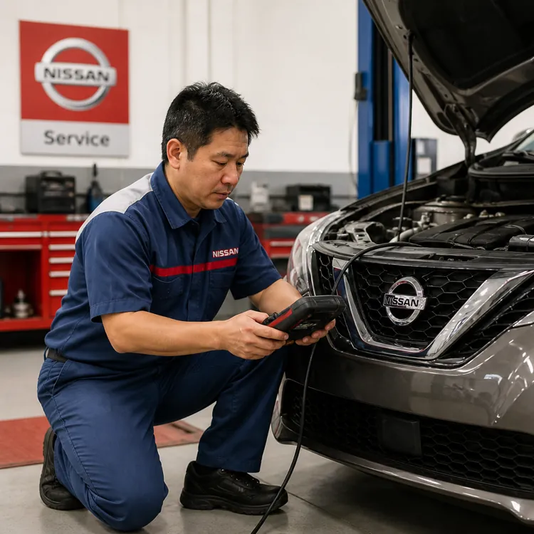 Mechanic using a diagnostic tool on a Nissan car with the hood open in a service center