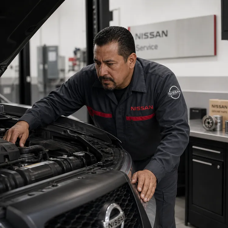 Mechanic inspecting engine of a Nissan car in a service center