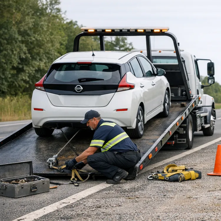 Tow truck driver securing a white car while a man waits by the roadside