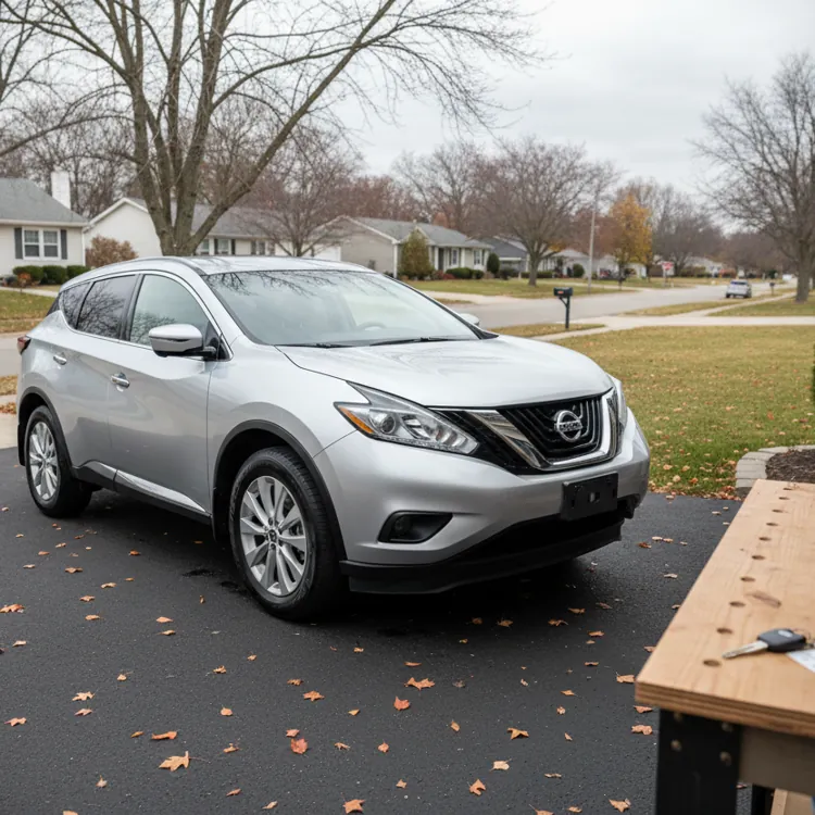 Silver SUV parked on driveway with scattered leaves and car keys on a workbench