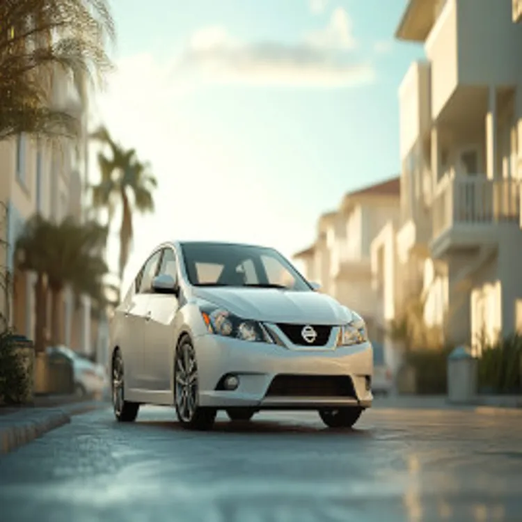 white nissan sentra parked near a building
