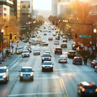 a busy downtown street with several cars passing through