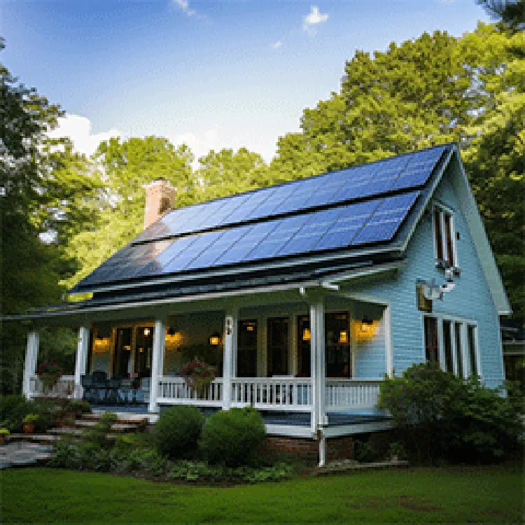 house with porch with solar panels on roof