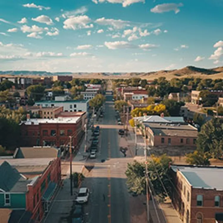 town road lined with mid-size buildings with some hills in the distance