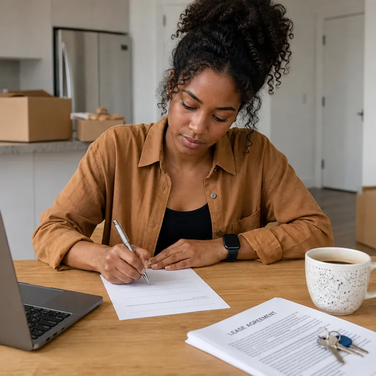 Woman signing a document at a table with a laptop, coffee mug, keys, and moving boxes in the background