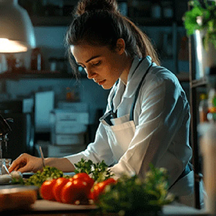 Nutritionist dressed in white preparing raw ingredients