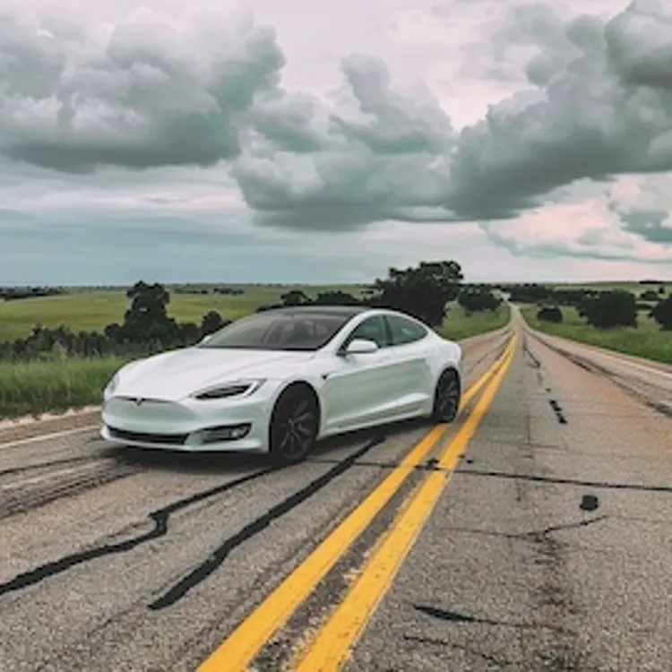 a Tesla on a highway in Oklahoma