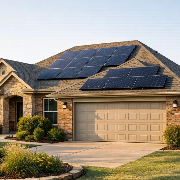 Brick house with solar panels on roof and landscaped front yard in sunlight