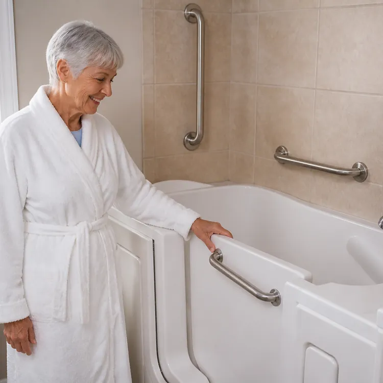 Older woman in a bathrobe standing next to a walk-in bathtub with safety grab bars in a bathroom