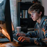 a high school student in front his computer