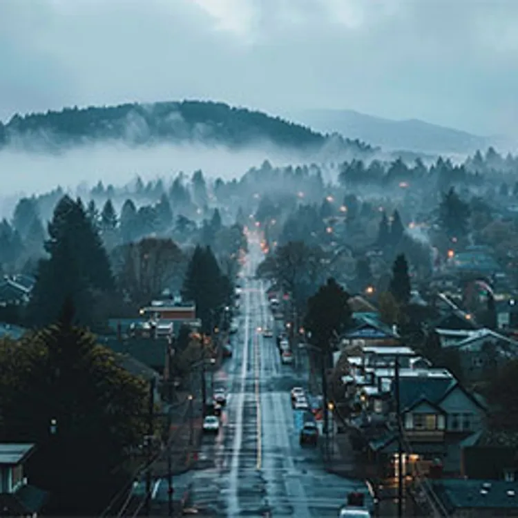 main street  in an oregon town with lots of trees among the houses