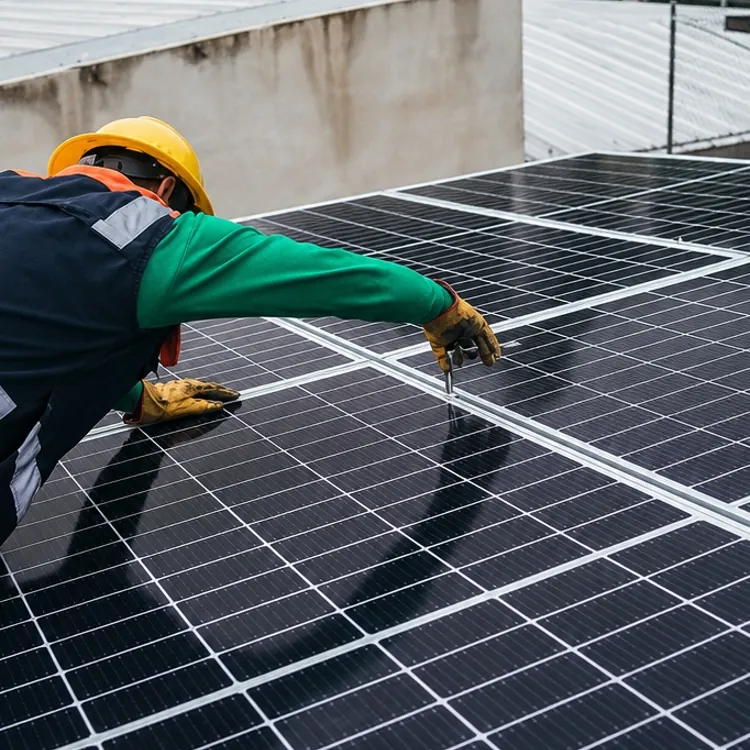 Worker in safety gear installing solar panels on a rooftop