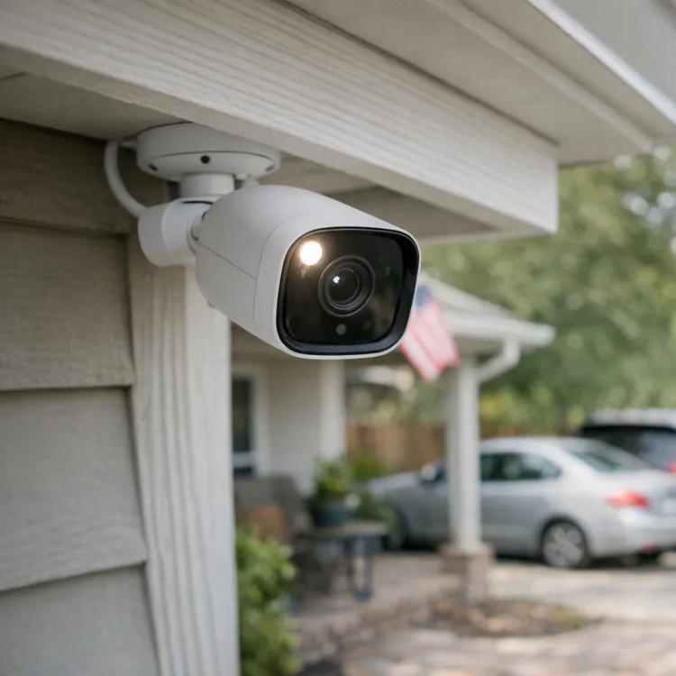 outdoor security camera mounted on house overlooking driveway with parked cars