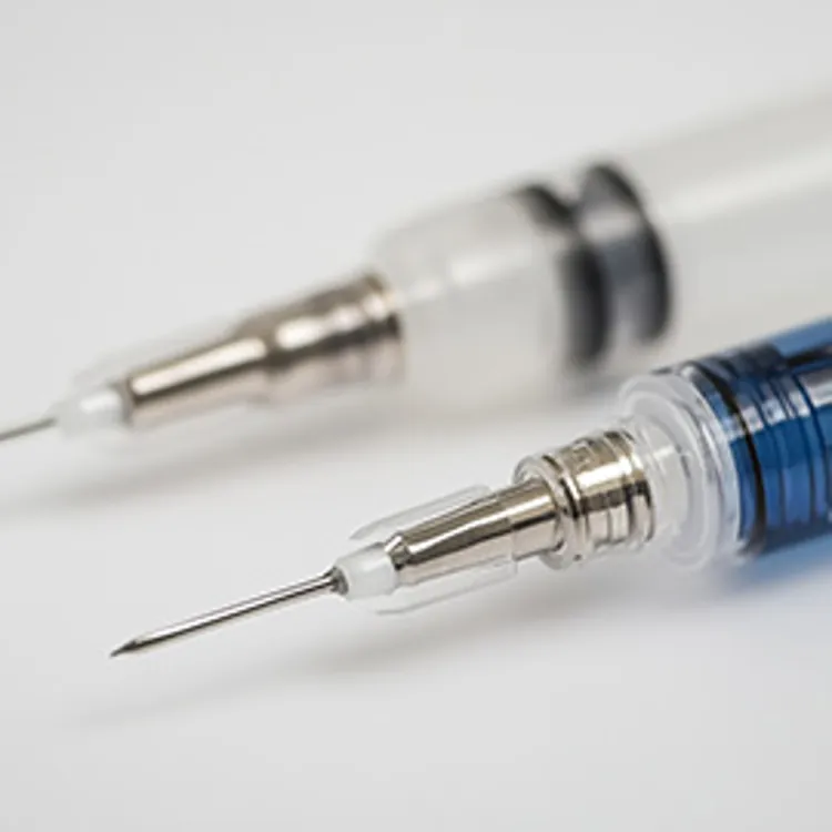 blue syringe diagonally parallel to a white syringe