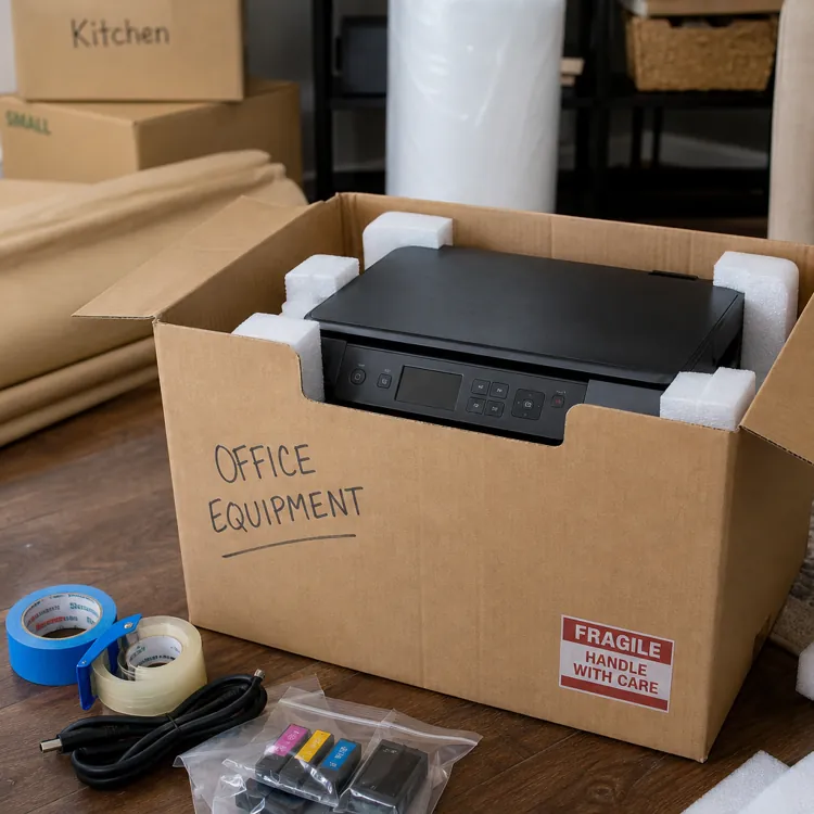 printer packed in a cardboard box labeled office equipment with packing materials and supplies nearby