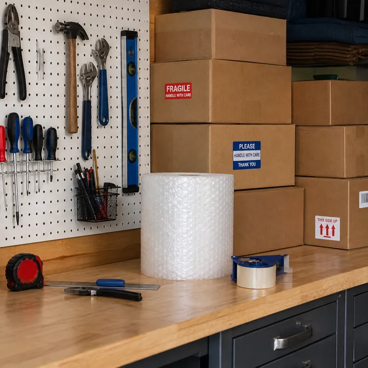 Stacked cardboard boxes and packing materials on a workbench with tools on a pegboard