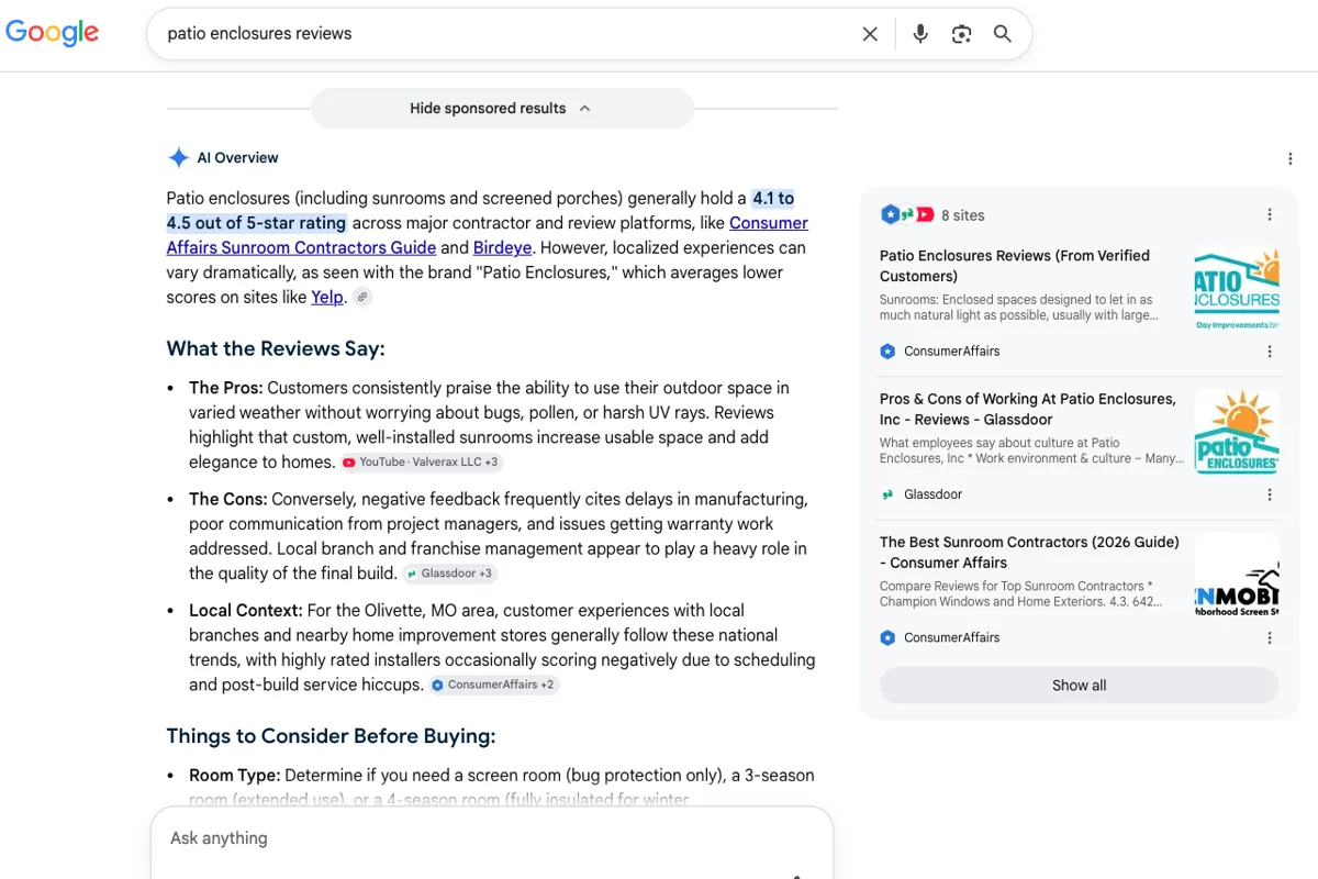 Google search results for "patio enclosures reviews" showing an AI Overview that cites a 4.1 to 4.5 out of 5-star rating and links to the Consumer Affairs Sunroom Contractors Guide, with a sources panel listing two ConsumerAffairs pages among its eight sites.