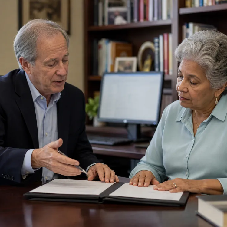 Two older adults reviewing documents together at a desk in an office