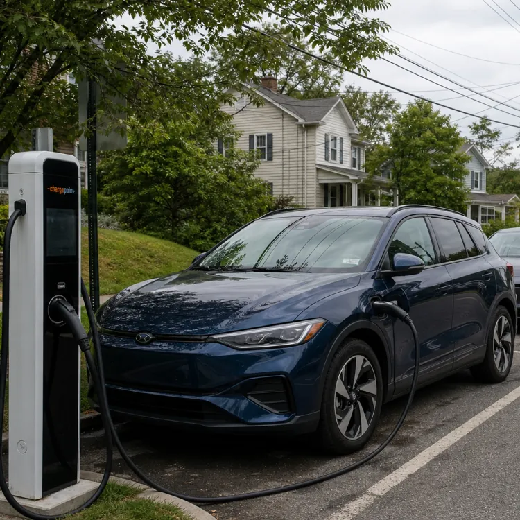 electric cars charging at street station in suburban neighborhood